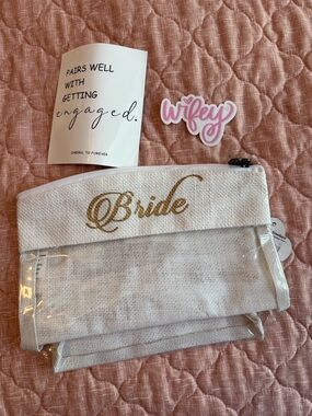 Bride Gold Script White Makeup Pouch and stickers Bridal bundle